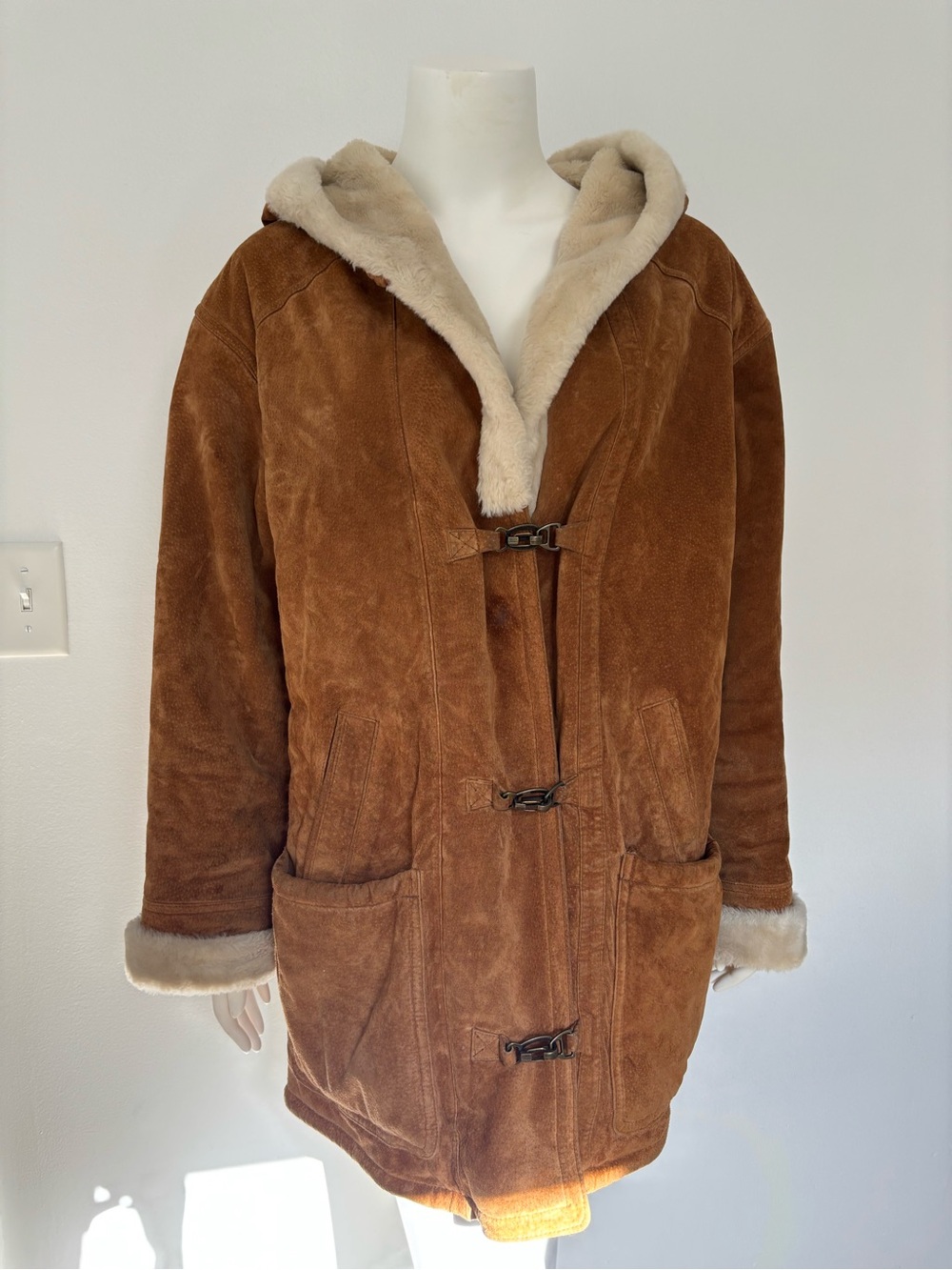 Covington Brown Suede Leather Shearling-Trim Toggle Coat